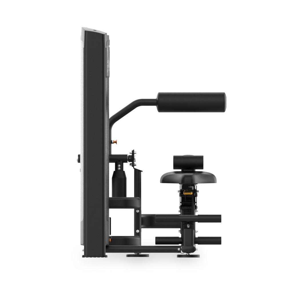 Side view of the VO3 EVO Ab Crunch/Back Extension machine showing adjustable arm and torso pads.
