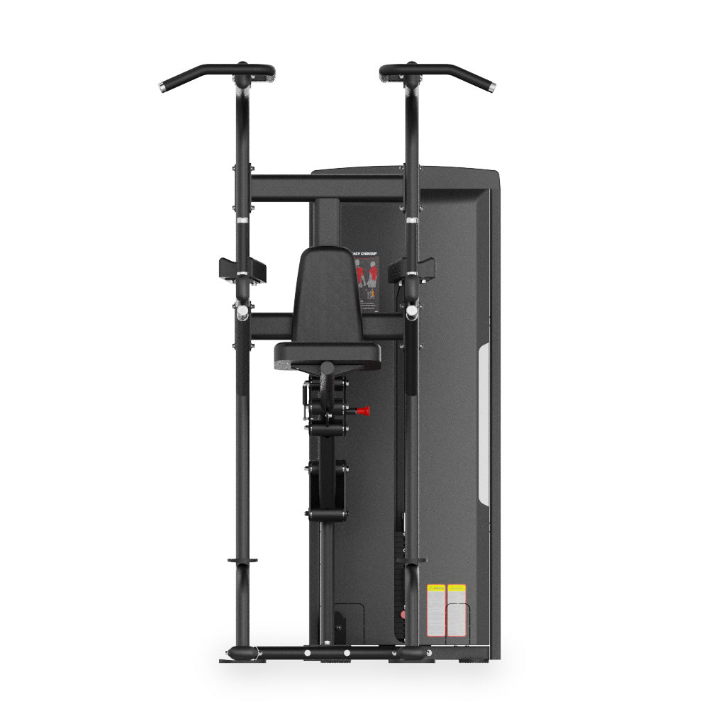 Front view of the VO3 EVO Assisted Chin Dip Machine with ergonomic pads and dual-grip pull-up bars.