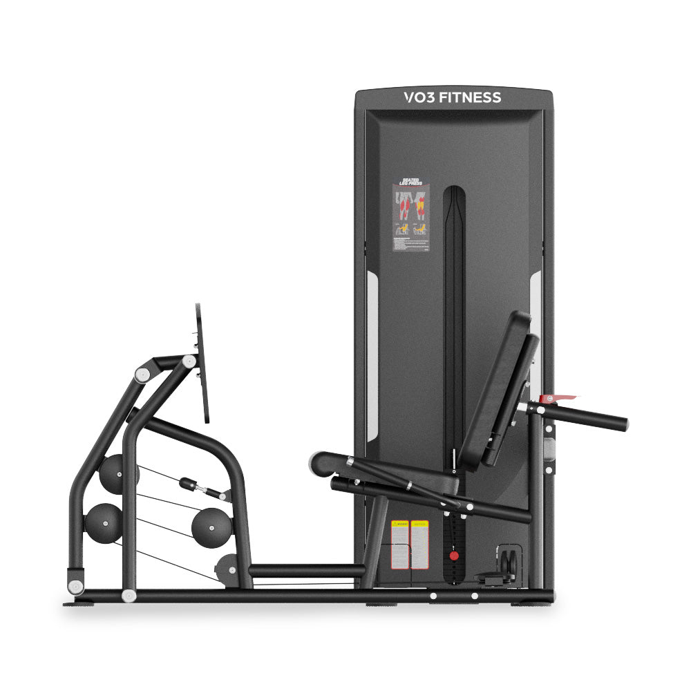 VO3 EVO Seated Leg Press/Calf Raise – side profile showing seat adjustment, pulleys, and weight stack housing.