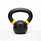 VO3 Fitness 15lb cast iron kettlebell with yellow ring – front view.