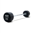 Angled view of the VO3 Fitness 110 lb fixed straight barbell with rubber-coated ends.