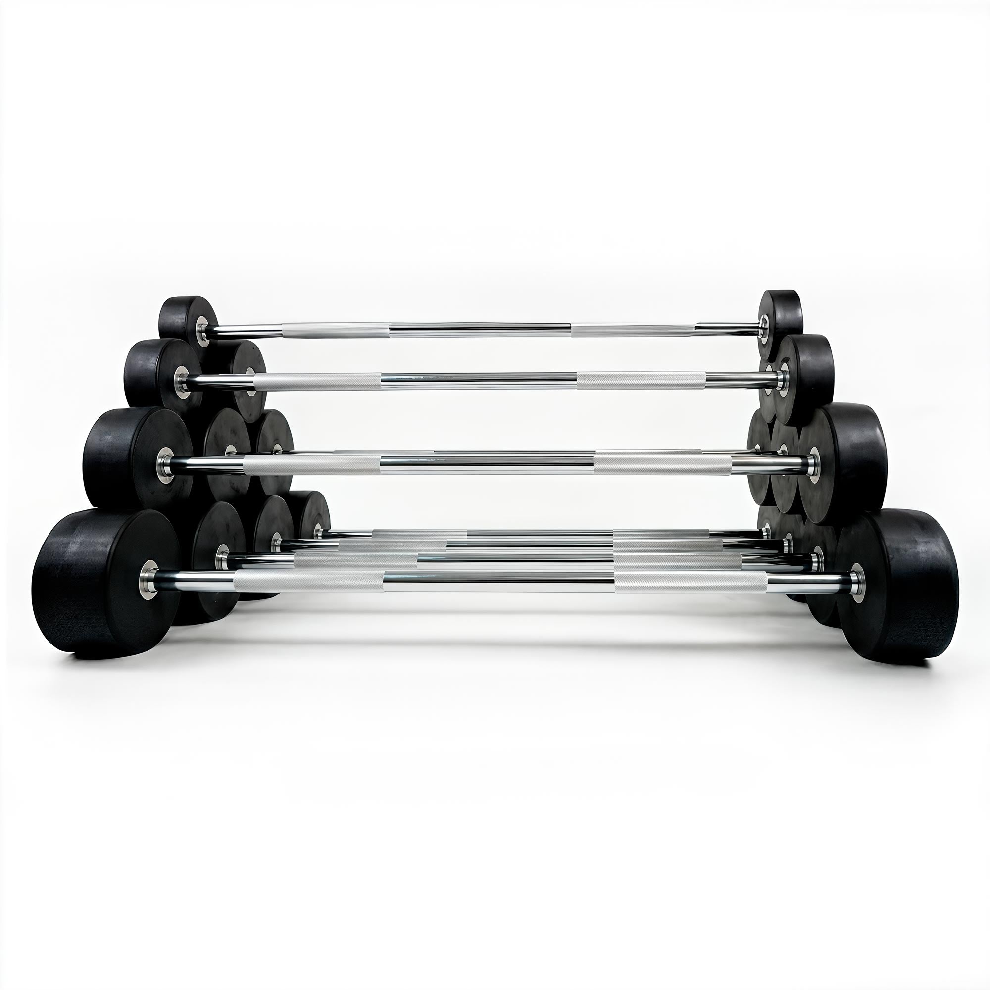 Side view of VO3 Fitness fixed straight barbells arranged in multiple rows showing chrome handles and rubber heads.