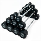 VO3 Fitness fixed straight barbells stacked in an angled pyramid, showing weights from 20 lb to 110 lb.