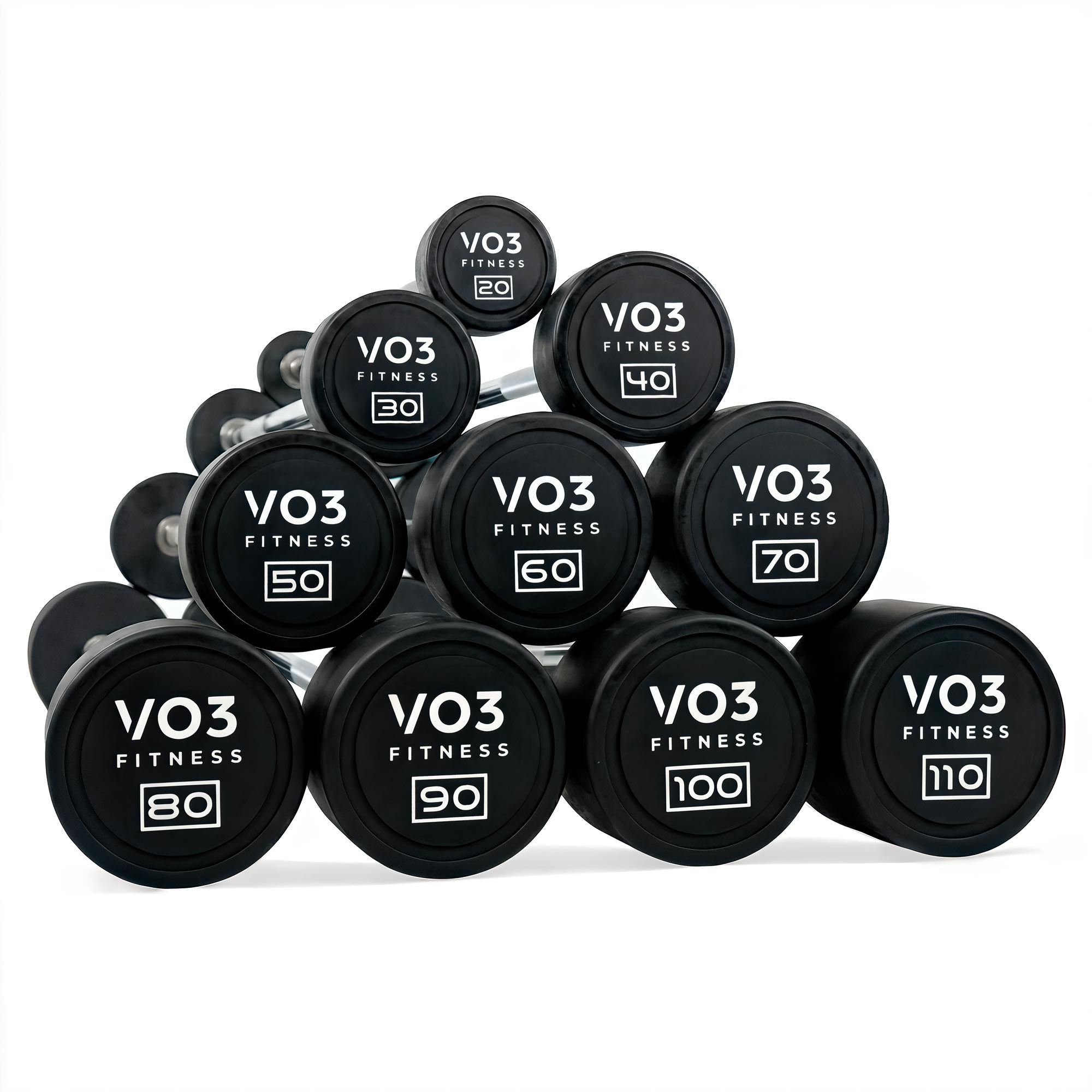 Front view of VO3 Fitness fixed straight barbells stacked with visible weight markings from 20 lb to 110 lb.