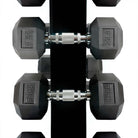 Close-up of VO3 rubber hex dumbbells with chrome knurled handle – 20 LB and 25 LB pairs