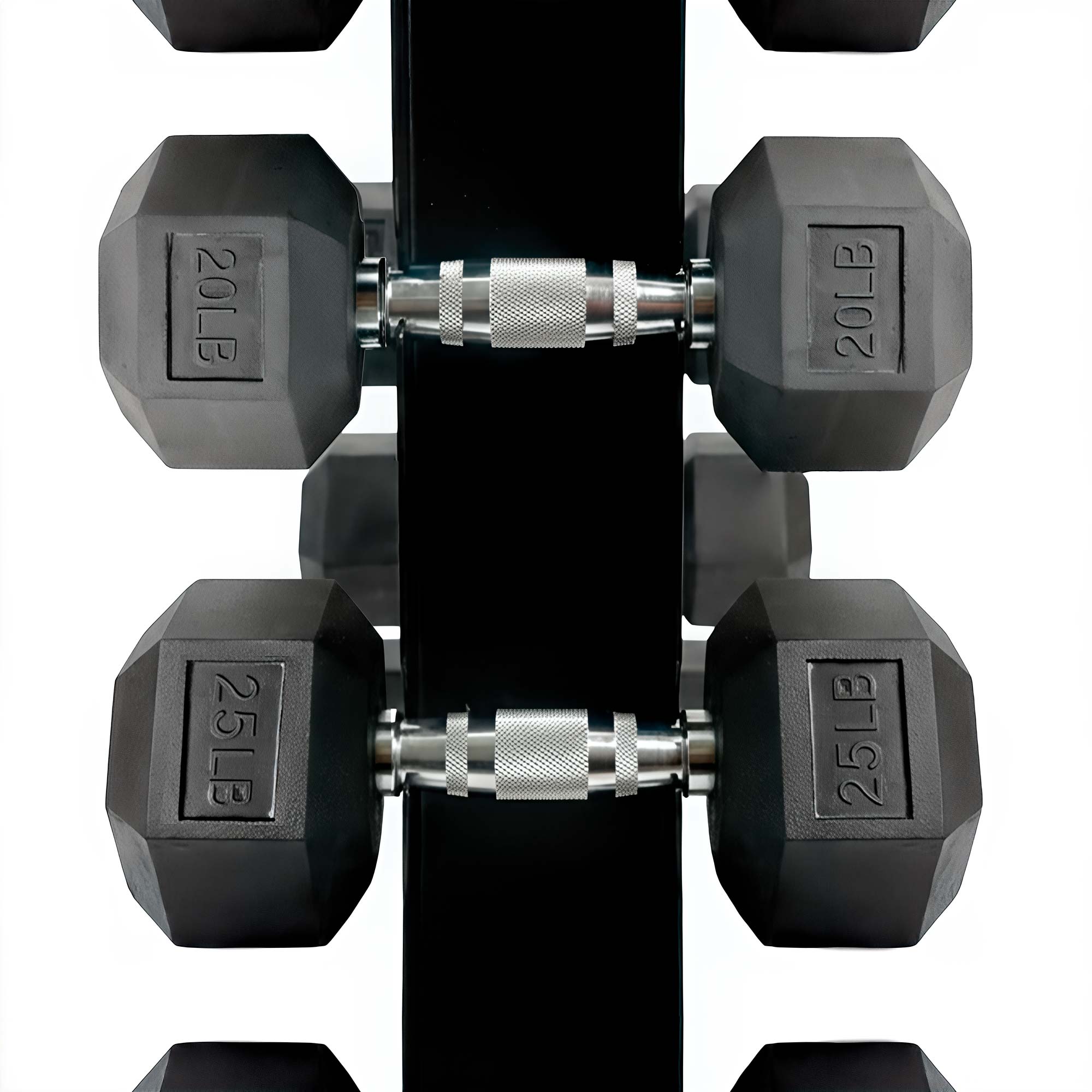 Close-up of VO3 rubber hex dumbbells with chrome knurled handle – 20 LB and 25 LB pairs