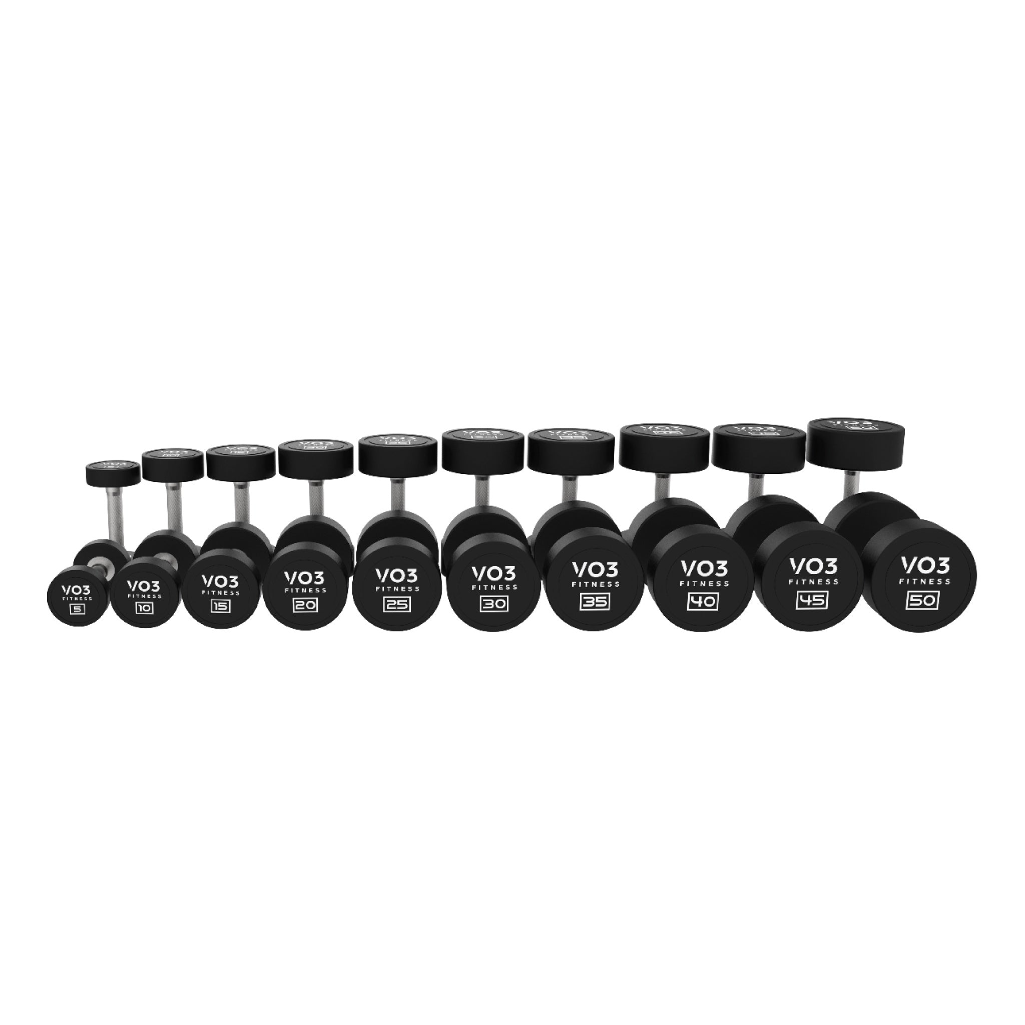 VO3 premium round rubber dumbbell set 5–50 lbs full layout (dumbbells only)