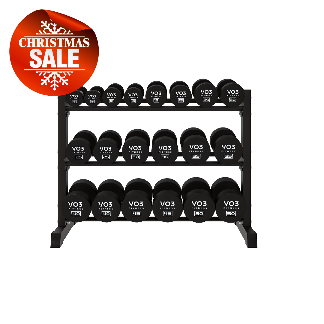 VO3 Rubber Dumbbell Set 5–50 lb with 3-tier rack displayed with Christmas Sale badge.