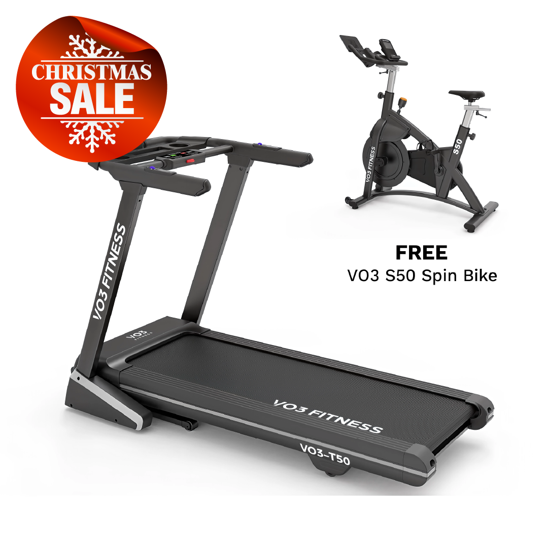 VO3 Fitness T50e folding treadmill with free VO3 S50 spin bike offer, shown with Christmas Sale badge.