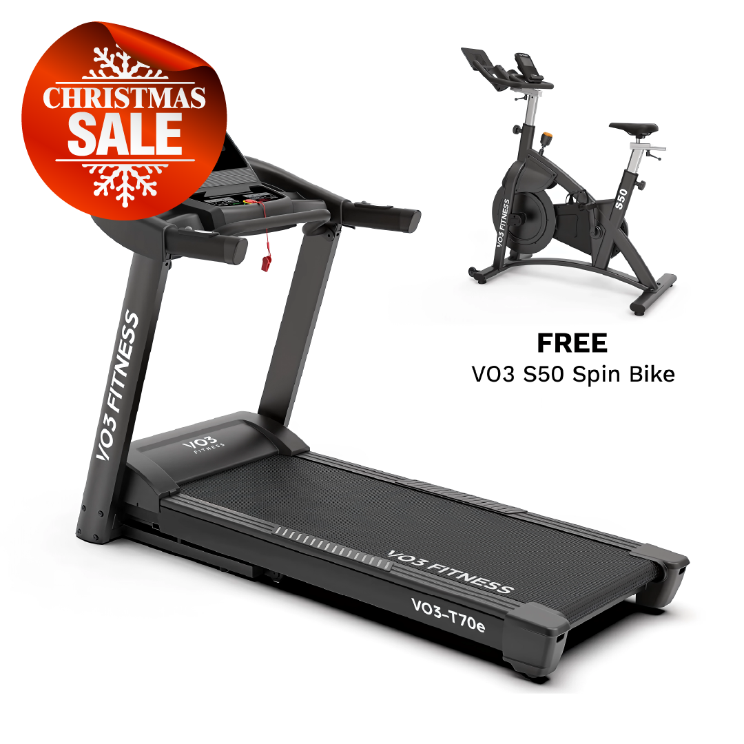 VO3 Fitness T70e folding treadmill with free VO3 S50 spin bike offer, shown with Christmas Sale badge.