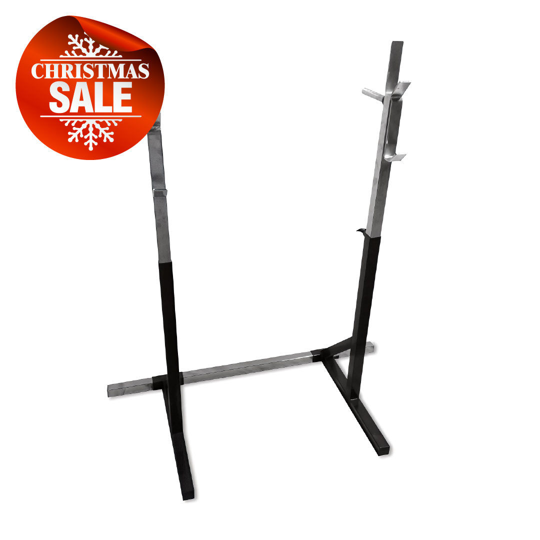 VO3 XFit Squat Rack with adjustable uprights shown with Christmas Sale label and 50% off promotion.